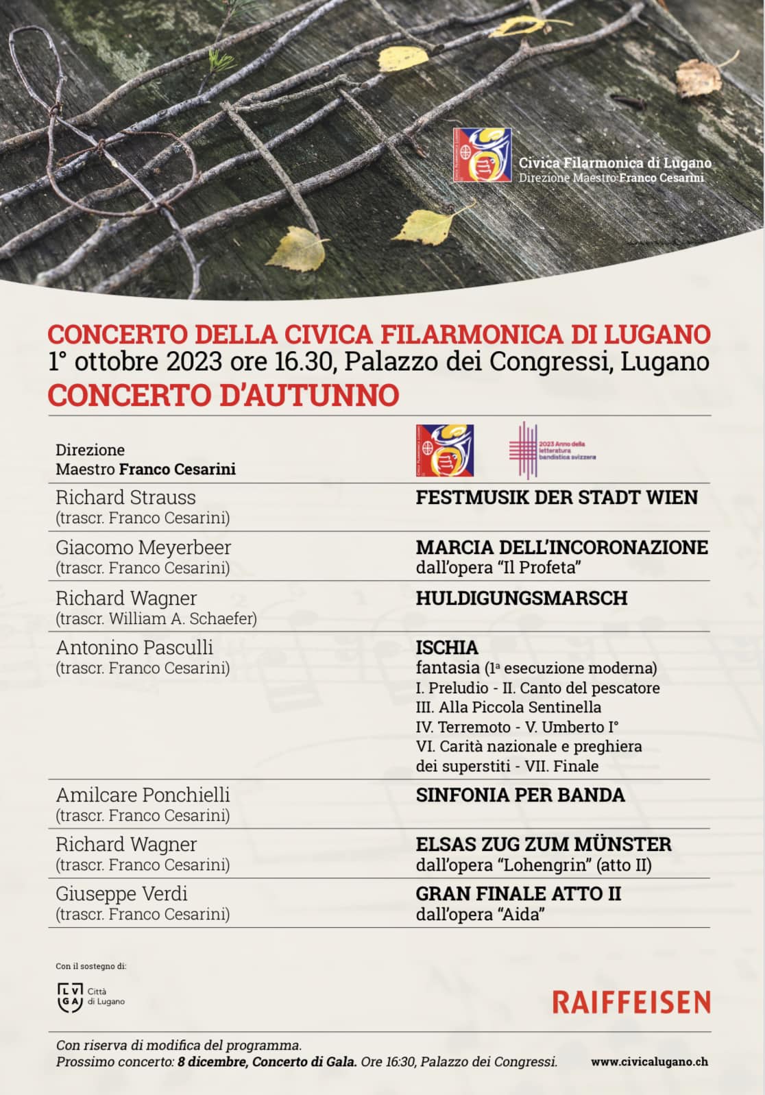 1st October, 2023: Autumn Concert of the Civica Filarmonica di Lugano – Première of Ischia by Antonino Pasculli, arranged by Franco Cesarini